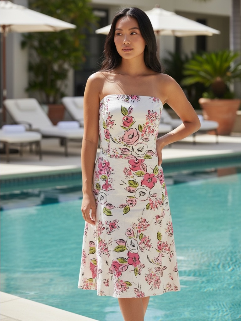 Loft Romantic Strapless Floral Midi Fit And Flare Dress In White And Pink